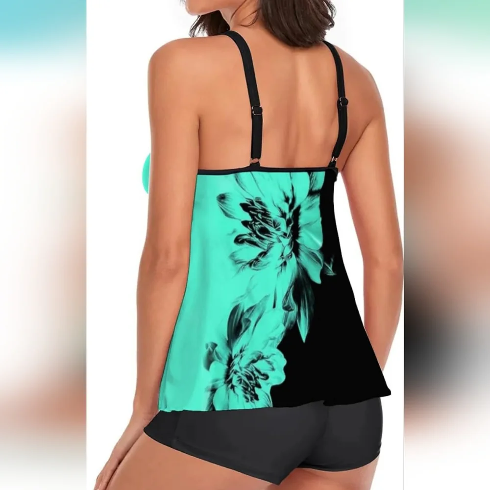URCHICS PLUS SIZE 2 Piece Flowy Tummy Control Tankini Swimsuit with Boyshorts